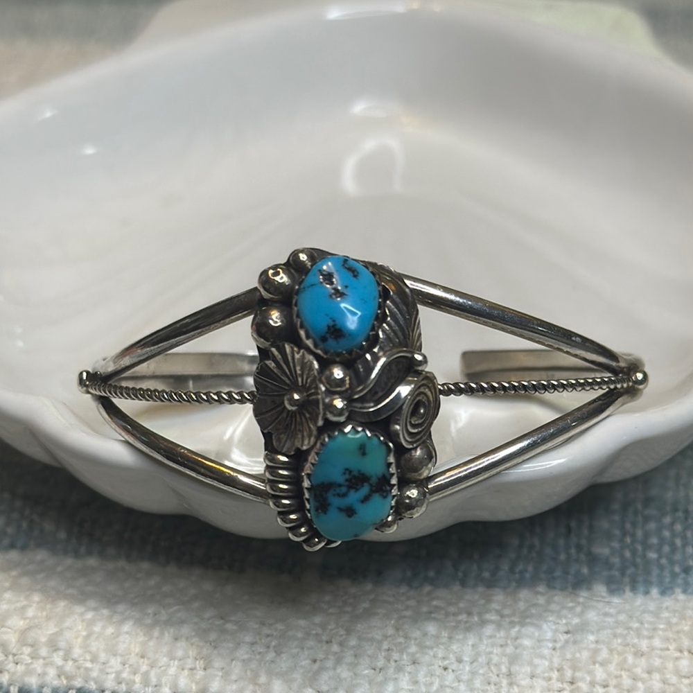 Sterling Silver and Turquoise Gemstone Bracelet with Vintage - Picture 6 of 8